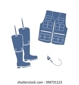 Stylized icon set of a colored vest, boots and hook on a white background
