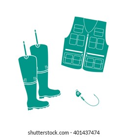 Stylized icon set of a colored vest, boots and hook on a white background