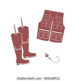 Stylized icon set of a colored vest, boots and hook on a white background