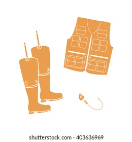 Stylized icon set of a colored vest, boots and hook on a white background