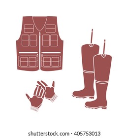 Stylized icon set of a colored vest, boots and gloves on a white background