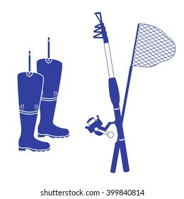 Stylized icon set of different tools for fishing on a white background