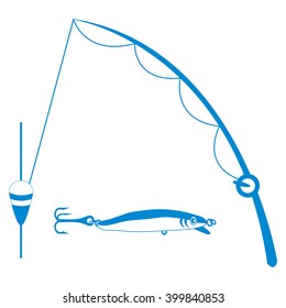 Stylized icon set of different tools for fishing on a white background