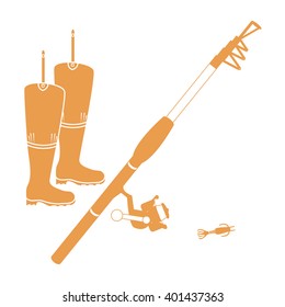 Stylized icon set of different tools for fishing on a white background