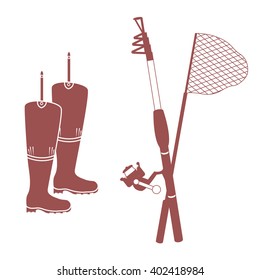 Stylized icon set of different tools for fishing on a white background