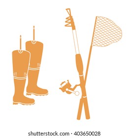 Stylized icon set of different tools for fishing on a white background