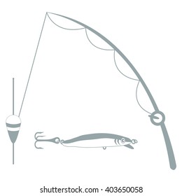 Stylized icon set of different tools for fishing on a white background