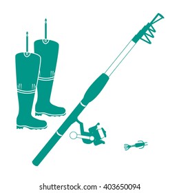 Stylized icon set of different tools for fishing on a white background