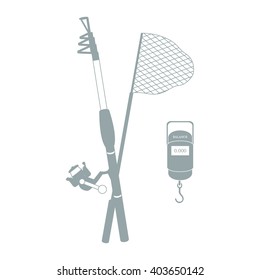 Stylized icon set of different tools for fishing on a white background