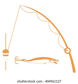 Stylized icon set of different tools for fishing on a white background