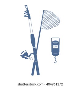 Stylized icon set of different tools for fishing on a white background