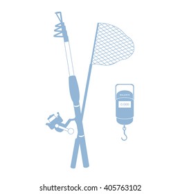 Stylized icon set of different tools for fishing on a white background