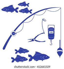 Stylized icon set of different tools for fishing and flocks of fish on a white background