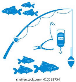 Stylized icon set of different tools for fishing and flocks of fish on a white background