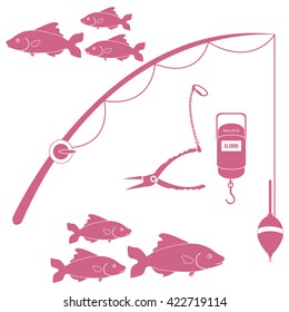 Stylized icon set of different tools for fishing and flocks of fish on a white background