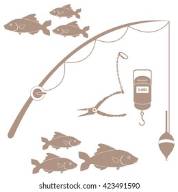 Stylized icon set of different tools for fishing and a school of fish on a white background