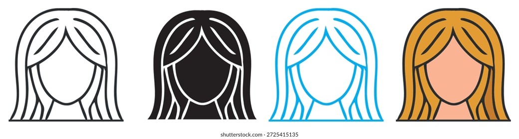Conjunto de iconos estilizado con la cabeza de una mujer con el pelo largo en varios estilos