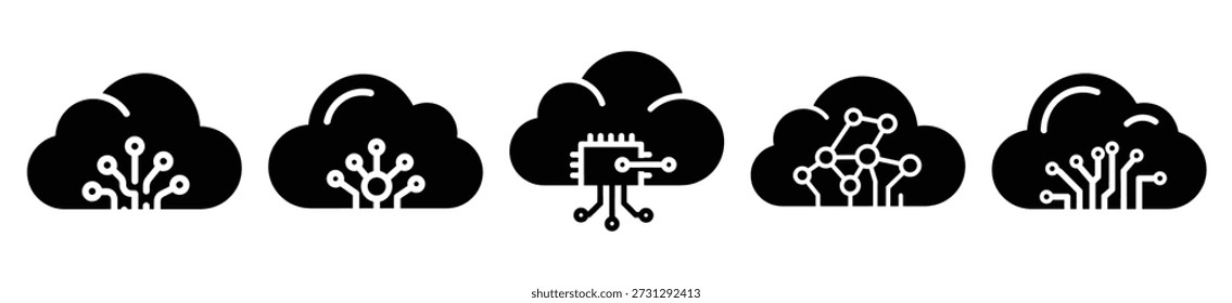 Stylized icon set of a machine learning cloud on white background. Machine learning silhouette Icons in solid and silhouette versions.
