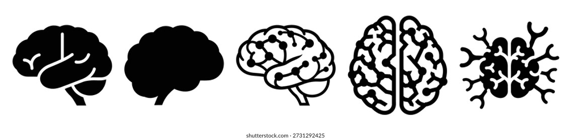 Stylized icon set of a neural artificial brain on white background. Machine learning silhouette Icons in solid and silhouette versions.