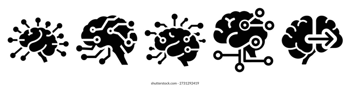 Stylized icon set of a neural data exchange on white background. Machine learning silhouette Icons in solid and silhouette versions.