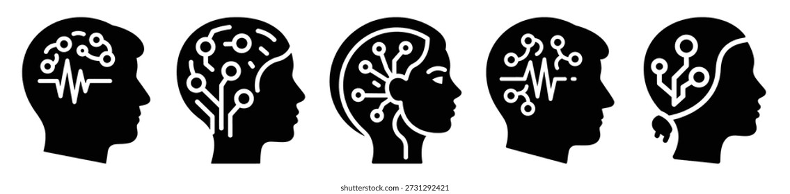 Stylized icon set of a neural data analytics on white background. Machine learning silhouette Icons in solid and silhouette versions.