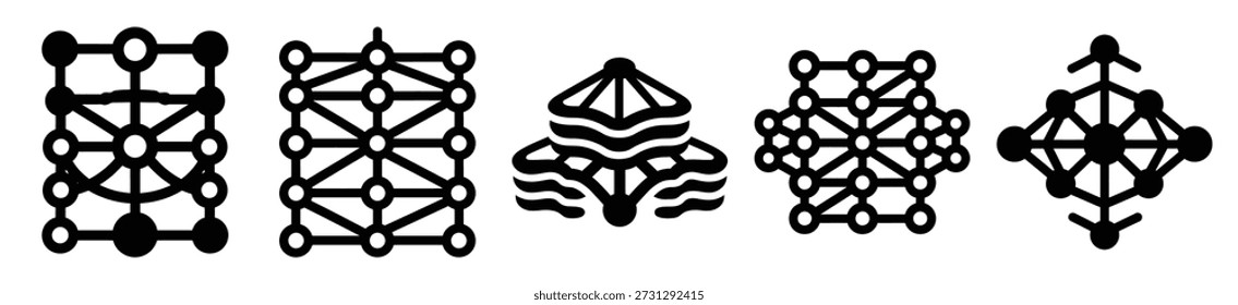 Stylized icon set of a neural network topology on white background. Machine learning silhouette Icons in solid and silhouette versions.
