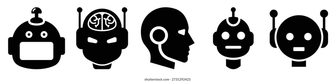 Stylized icon set of a smart robot head on white background. Machine learning silhouette Icons in solid and silhouette versions.