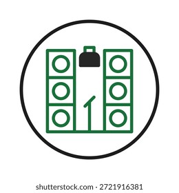 Icono estilizado que muestra una configuración del sistema de sonido, con altavoces y un micrófono. Esto simboliza la interpretación musical, los eventos que necesitan amplificación y el uso de la tecnología de audio para