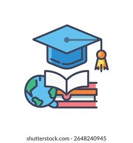 A stylized icon showing education, featuring a mortarboard, globe, and books. The art style is clean and modern.