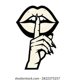 A stylized icon showing female lips with a finger held to them in a hush or silence gesture. Perfect for conceptual themes of secrecy, privacy, and confidentiality.
