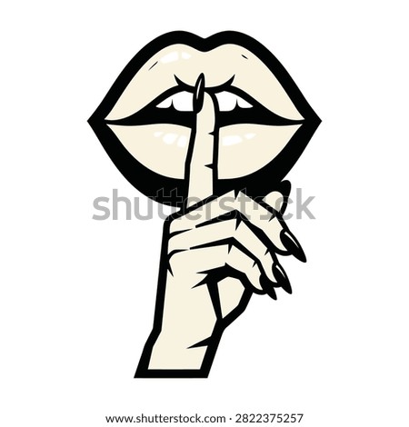 A stylized icon showing female lips with a finger held to them in a hush or silence gesture. Perfect for conceptual themes of secrecy, privacy, and confidentiality.