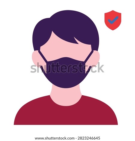 A stylized icon showing a person wearing a protective face mask paired with a shield emblem. Ideal for health safety, hygiene awareness, and pandemic protection.