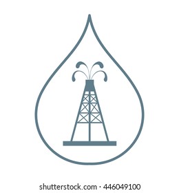 Stylized icon of the silhouette oil rig with fountains spurting up oil with oil in the fuel drop on a white background