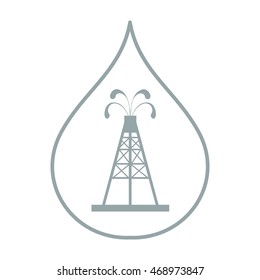 Stylized icon of the silhouette oil rig with fountains spurting up oil with oil in the fuel drop on a white background