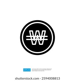 Stylized Icon of South Korean Won Currency Symbol in Black and White Circle with Horizontal Lines Representing Finance