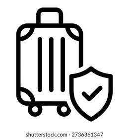 A stylized icon of a suitcase with wheels and handle, next to a shield with a checkmark, signifying travel insurance and protection.