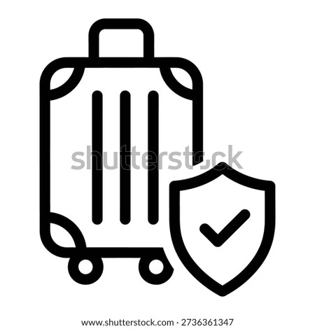 A stylized icon of a suitcase with wheels and handle, next to a shield with a checkmark, signifying travel insurance and protection.