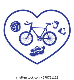 Stylized icon symbolizing love for sport: inside the heart of the bike, gloves, volleyball and sneakers on a white background