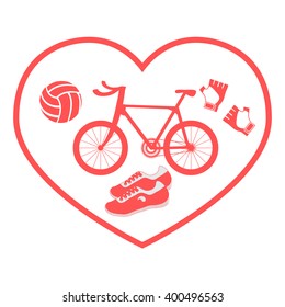 Stylized icon symbolizing love for sport: inside the heart of the bike, gloves, volleyball and sneakers on a white background