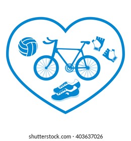 Stylized icon symbolizing love for sport: inside the heart of the bike, gloves, volleyball and sneakers on a white background