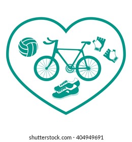 Stylized icon symbolizing love for sport: inside the heart of the bike, gloves, volleyball and sneakers on a white background