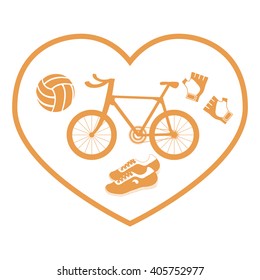 Stylized icon symbolizing love for sport: inside the heart of the bike, gloves, volleyball and sneakers on a white background