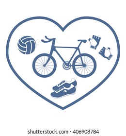 Stylized icon symbolizing love for sport: inside the heart of the bike, gloves, volleyball and sneakers on a white background