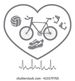 Stylized icon symbolizing love for sport: inside the heart of the bike, gloves, volleyball and sneakers on a white background