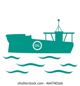 Stylized icon of the tanker of oil floating on waves on a white background