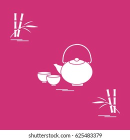 Stylized icon of the teapot with two cups and bamboo. Tea ceremony. Design for banner, poster or print.