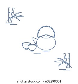 Stylized icon of the teapot with two cups and bamboo. Tea ceremony. Design for banner, poster or print.