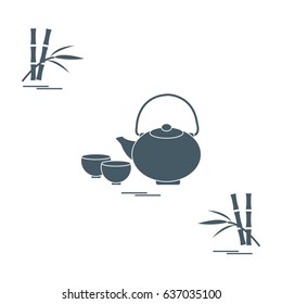 Stylized icon of the teapot with two cups and bamboo. Tea ceremony. Design for banner, poster or print.