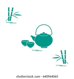 Stylized icon of the teapot with two cups and bamboo. Tea ceremony. Design for banner, poster or print.