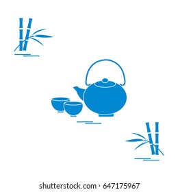 Stylized icon of the teapot with two cups and bamboo. Tea ceremony. Design for banner, poster or print.
